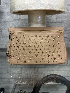 Jimmy Choo Beige Star-Studded Leather Clutch